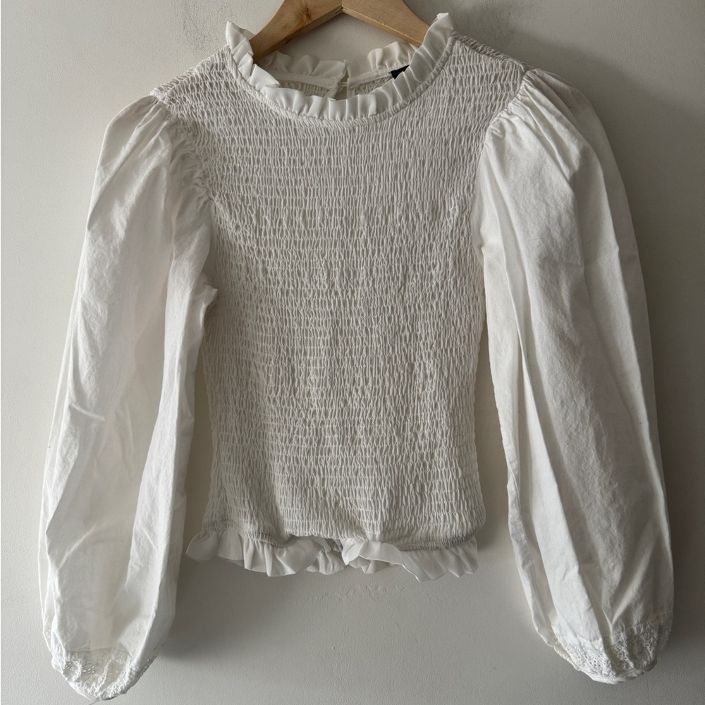 SHEIN White Smocked Puff Long Sleeve White‎ High Neck Top